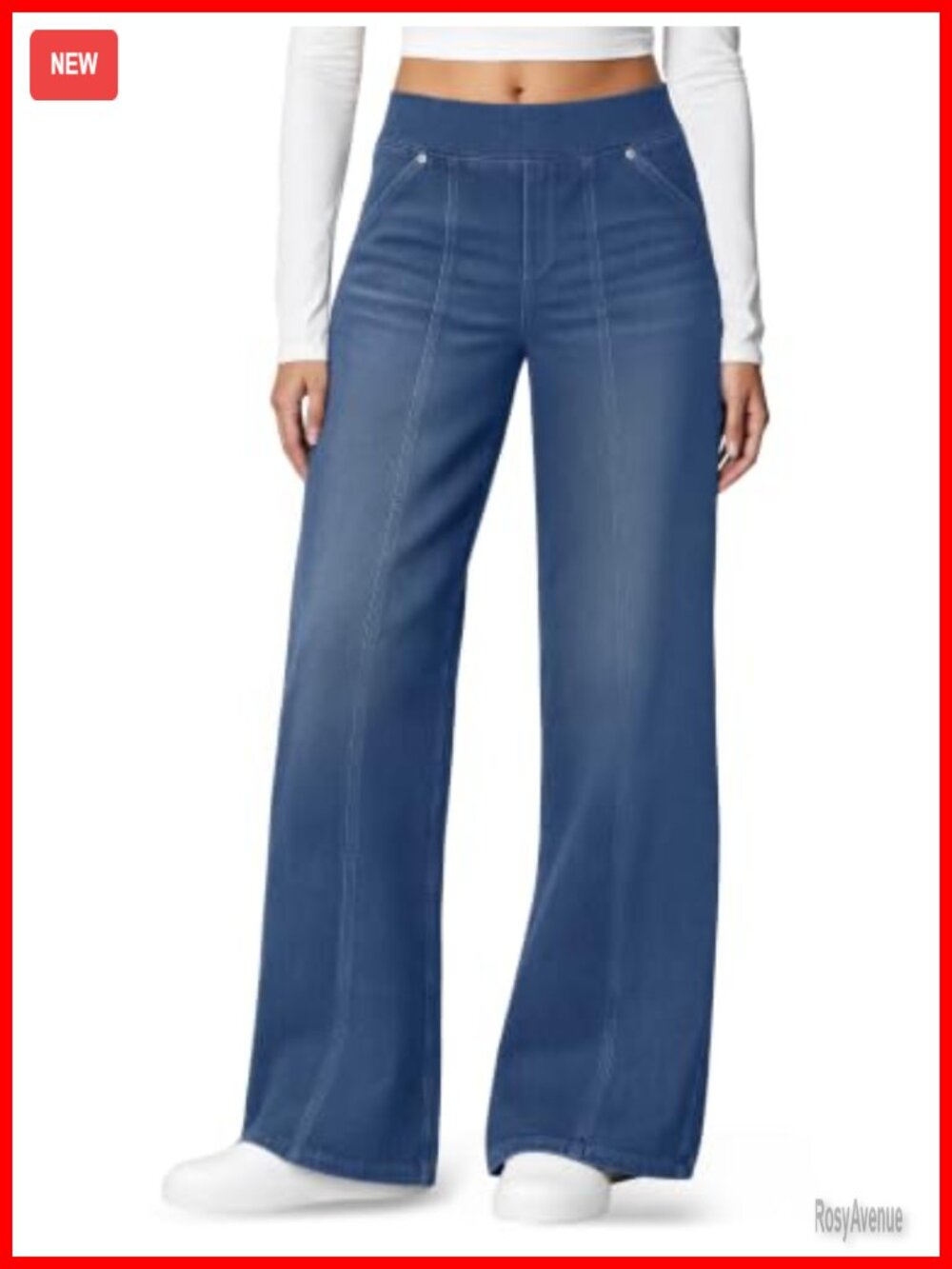 High Waisted Pull On Wide Leg Stretchy Jeans with Pockets